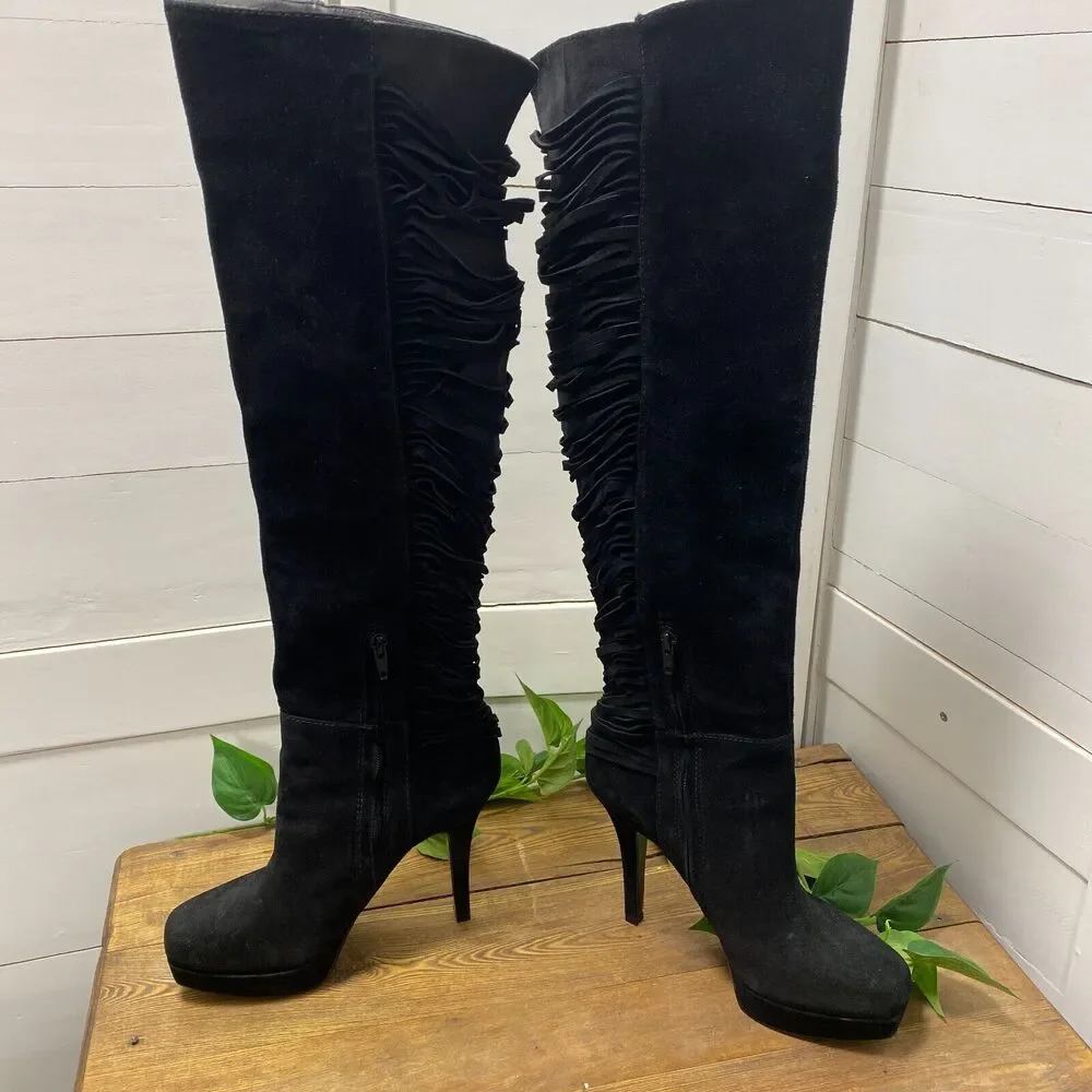 Nine West Over The Knee BLACK SUEDE Leather Fringe Stiletto Heels Boots 7 1/2